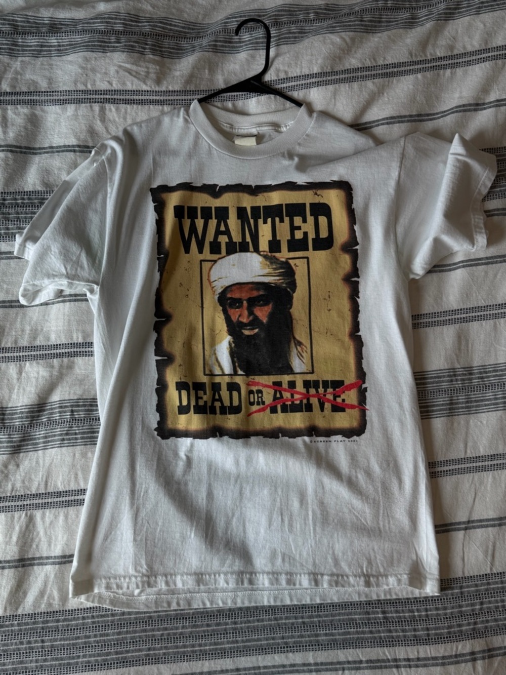 White 'Wanted' Osama Short-Sleeve Vintage Men's T-Shirt from 2001